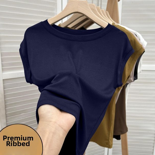 Women's Plus Size Ribbed T-Shirt Short Sleeve Round Neck Solid Color Versatile Unique Design New Summer Style_ecoleips.com