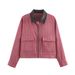 Women's Corduroy & Faux Leather Collar Jacket – Oversized Streetwear Coat With Contrast Detailing (Pink/Blue/Brown, S-L)_ecoleips.com