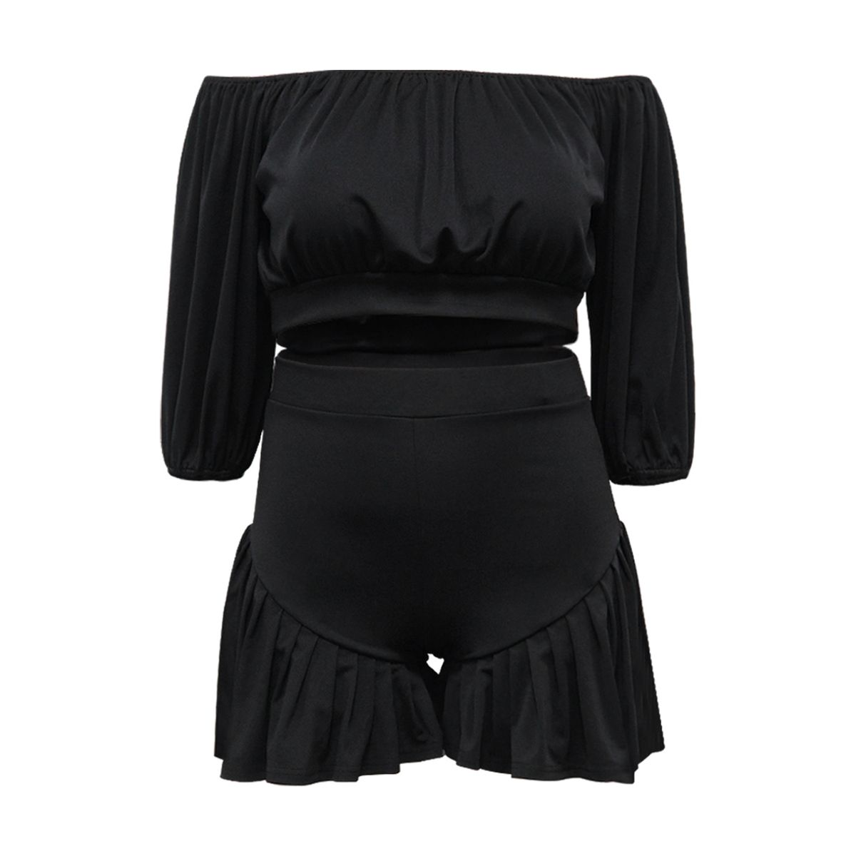 K New Plus Size Women's Clothing With Pleated One Neck And Fluffy Waist Cinching Casual Two-piece Set_ecoleips.com
