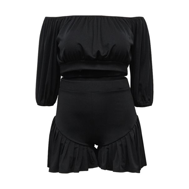 K New Plus Size Women's Clothing With Pleated One Neck And Fluffy Waist Cinching Casual Two-piece Set_ecoleips.com