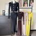 Elegant Knit Wrap Dress With Doll Collar - Stretchy High-Waisted Mermaid Hem Long Sleeve Dress For Women (Black, Mustard Yellow, Brown, Beige)_ecoleips.com