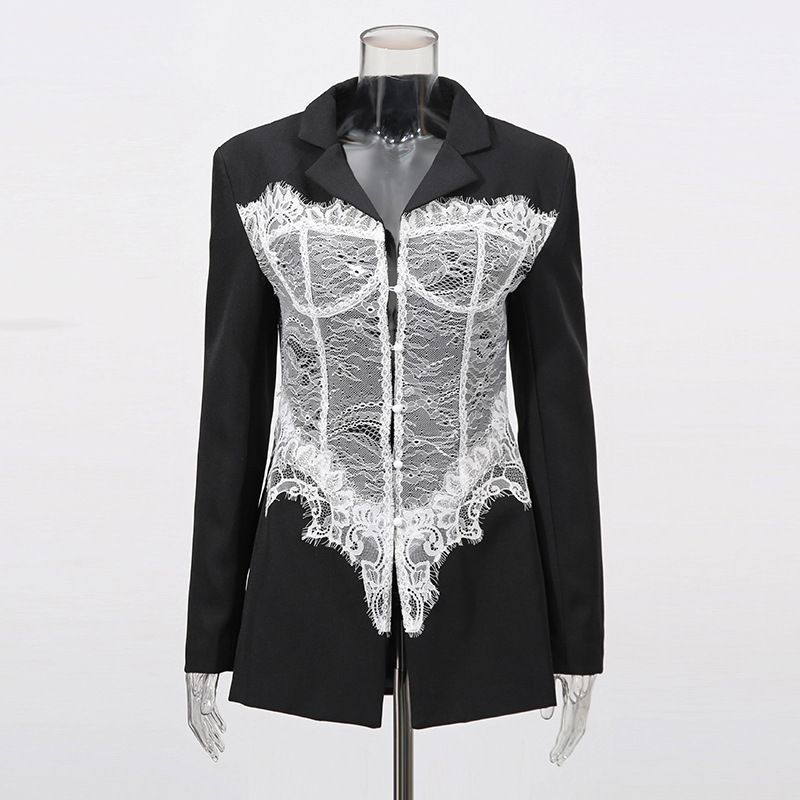K High End Lace Patchwork Fishbone Waist Cinching Suit For Socialites, New V-neck Long Sleeved Solid Color Jacket For Women_ecoleips.com