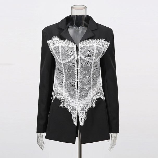 K High End Lace Patchwork Fishbone Waist Cinching Suit For Socialites, New V-neck Long Sleeved Solid Color Jacket For Women_ecoleips.com