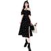 European And American Style Chiffon Plus Size High Waist Black Floral Waist-Cinching Split Puff Sleeve Dress For Women_ecoleips.com
