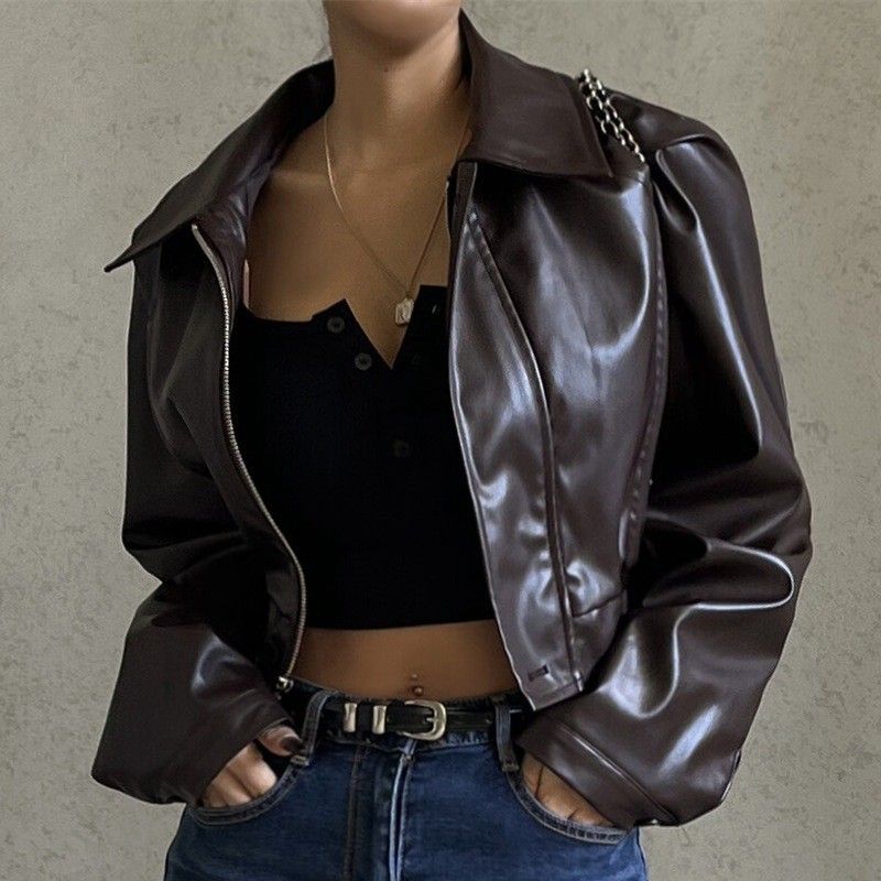 Women's Clothing Lapel Zipper PU Leather Casual Jacket Vintage PU Leather Jacket – Retro Lapel Zip-Up (S-L, Brown, Biker Chic & Casual Style)_ecoleips.com