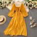 Women's Clothing Chic Gentle Style Square Neck Puff Sleeve Dress French Retro Chiffon Skirt Autumn_ecoleips.com