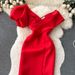 Premium High-End Women's Party Dress Summer Style Asymmetrical Neck Off-Shoulder Puff Sleeves High Waist Slit Banquet Gown_ecoleips.com
