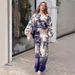 Women’s Clothing printing new fashion long sleeved bat shirt wide leg pants suit with belt_ecoleips.com