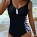 Conservative One Piece Swimsuit for Women European And American Style Print Color Blocking Waist Cinching Sexy Swimwear_ecoleips.com