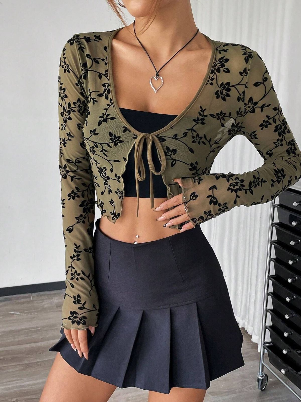 Women’S Sheer Mesh Long Sleeve Top With Front Tie Detail – Elegant V-Neck Blouse With Flocked Geometric Pattern (Black/Army Green, S-Xxl)_ecoleips.com