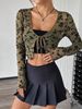 Women’S Sheer Mesh Long Sleeve Top With Front Tie Detail – Elegant V-Neck Blouse With Flocked Geometric Pattern (Black/Army Green, S-Xxl)_ecoleips.com