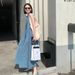 Korean Chic Summer Niche Style Round-neck Sleeveless Backless Tie-up Casual Loose Denim Tank Dress_ecoleips.com