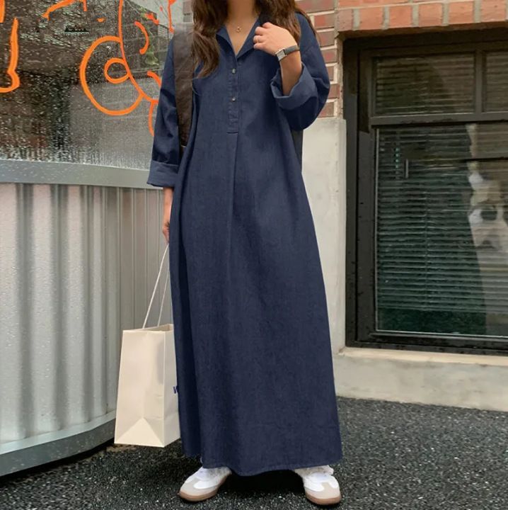 2024 Women's Spring Denim Long Dress Solid Color Bohemian Loose Fit Large Size Temperament Commuting Style_ecoleips.com