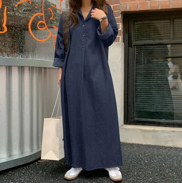 2024 Women's Spring Denim Long Dress Solid Color Bohemian Loose Fit Large Size Temperament Commuting Style_ecoleips.com
