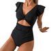 Women's Clothing Swimsuit Ruffled Conservative One Piece Swimsuit Chest Cross Hollow Swimsuit Solid Color Backless Swimsuit Female_ecoleips.com