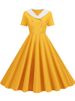 Summer Midi Dress Women Elegant Pink Vintage Party Sundress Casual Peter Pan Collar Short Sleeve Dress_ecoleips.com