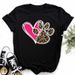 European American Women's Clothing, Vintage T-shirt With Heart And Animal Paw Prints For Women_ecoleips.com