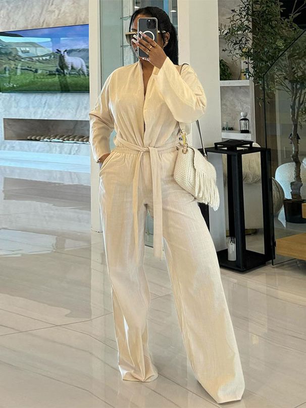 Women's Clothing Autumn And Winter Elegant Solid Color Long Sleeved Tie Cardigan Top Elastic Waist Bag Straight Pants Suit_ecoleips.com