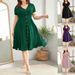 Spring/Summer Solid Color Midi Dress For Women Sexy V Neck Slim Waist Short Sleeve_ecoleips.com