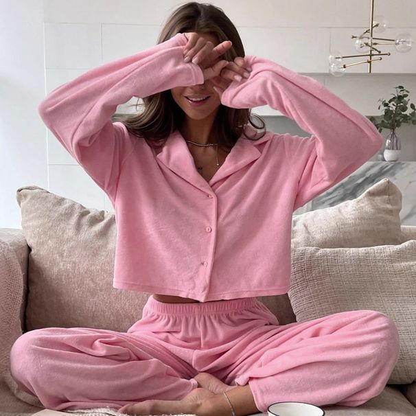 Pink Comfortable Warm Sleeve Long Pants Pajama Set European And American Autumn New Women's Homewear_ecoleips.com