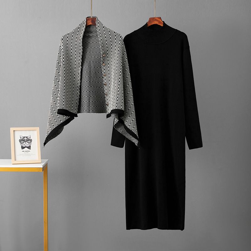 Cross-Border Fashion Elegant Sleeve Autumn Winter Women's Knitted Long Dress Slimming Shawl Coat Two-Piece Set_ecoleips.com