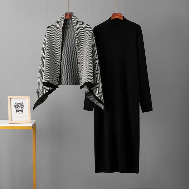 Cross-Border Fashion Elegant Sleeve Autumn Winter Women's Knitted Long Dress Slimming Shawl Coat Two-Piece Set_ecoleips.com