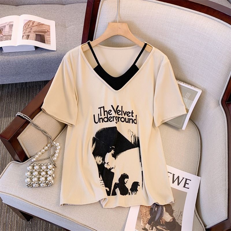 Large Size Women's Clothing Summer New Foreign Style High-end Short-sleeved T-shirt Women's Fake Two Pieces Design Loose And Thin Top_ecoleips.com