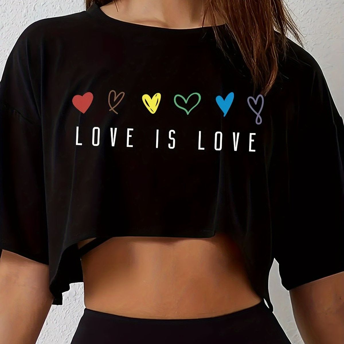 Womens Vibrant Pride Crop Top T-Shirt - Short Length Casual Loose Fit Breathable Medium Stretch Polyester Colorful Heart_ecoleips.com