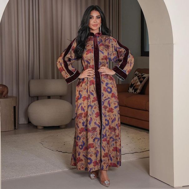 Modest Abaya Dress Elegant Muslim Jilbab Dress With Velvet & Floral Print – Modest Long Sleeve Maxi Dress_ecoleips.com