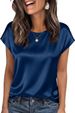 OFEEFAN Women Silk Satin Tops Summer Cap Short Sleeve Blouse Crew Neck Shirts Business Casual Fashion Outfits_ecoleips.com