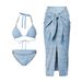 Women's Clothing Sexy Denim Print Bikini Triangle Two Piece Swimsuit Set American Style New_ecoleips.com