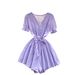 Women's Summer V-Neck Jumpsuit Puff Sleeve Tie Waist Wide Leg Beach Vacation Romper Versatile Style Polyester_ecoleips.com