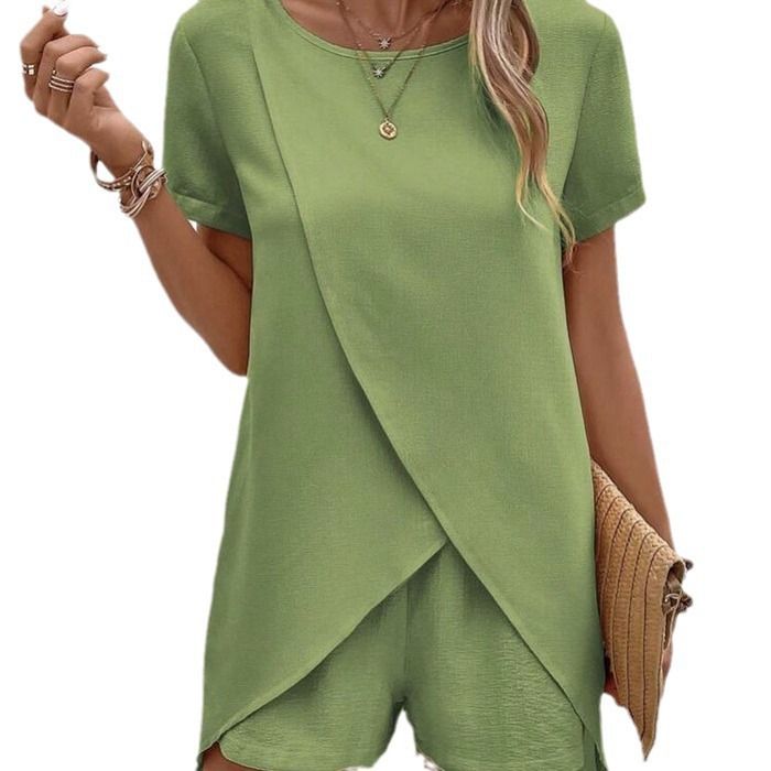 Women's Solid Color Asymmetrical Top And Shorts Set - Casual Summer Two-Piece Outfit_ecoleips.com