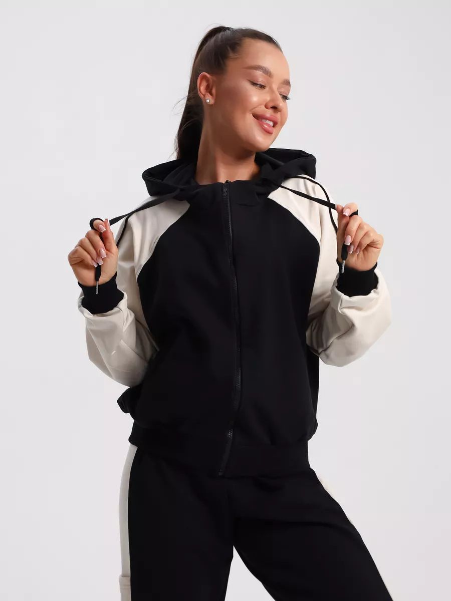 Women's Casual Colour Block Set: Stylish Zippered Contrast Hoodie Sports Lace-up Pants Two-piece Set_ecoleips.com