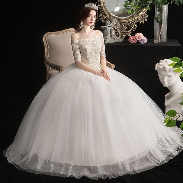 Champagne White Wedding Dress Mid Length Sleeves Slimming Lace New Style For Summer And Autumn_ecoleips.com