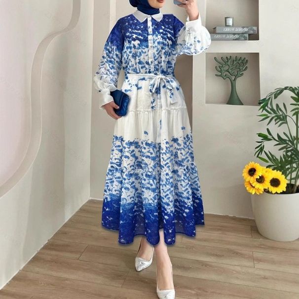 Modest Abaya Dress Elegant Floral Print Chiffon Long Dress With Lining & Turn-Down Collar – Breathable & Stylish For Office & Occasions_ecoleips.com