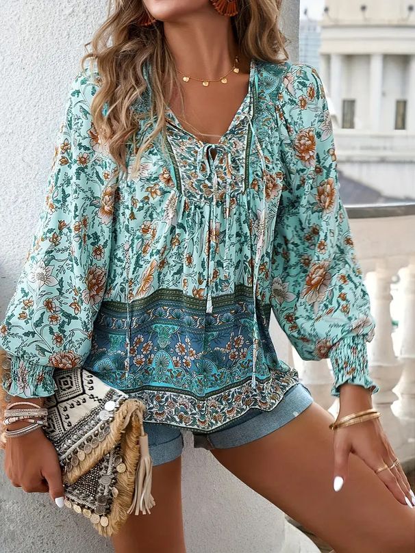 Bohemian Floral Print V-Neck Blouse – Long Sleeve Wrap Front Tunic Top With Tie Detail (S-XXL, 6 Colors)_ecoleips.com