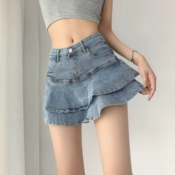 Women's Clothing Denim Skirt Female Lining Design High Waist Slim A Line Ruffled Hip Skirt Summer_ecoleips.com