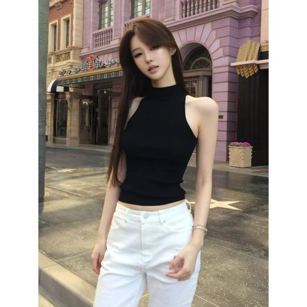 Black Half Turtleneck Knitted Camisole For Women Summer Outerwear Inner Wear American Style Slim Fit Short Sleeveless_ecoleips.com