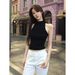 Black Half Turtleneck Knitted Camisole For Women Summer Outerwear Inner Wear American Style Slim Fit Short Sleeveless_ecoleips.com