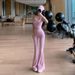 MUZI New Ribbed Pink Halter Neck Sports Vest For Women With Micro Flare Yoga Pants Two-Piece Set_ecoleips.com