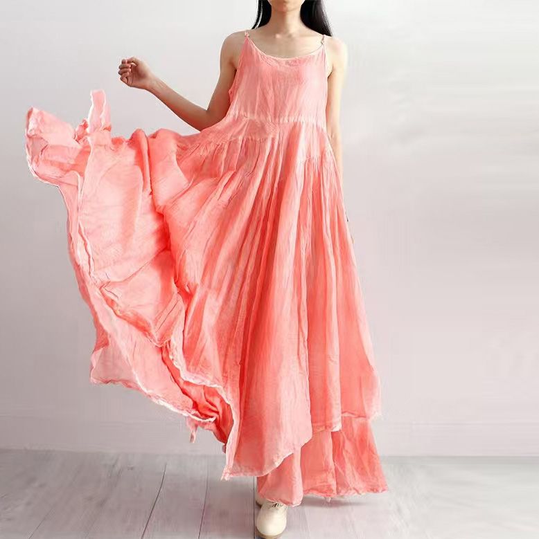 Summer New Style Artistic Double Layer Asymmetrical Hemline Wide Waist Linen Dress Strapless Long Skirt Cotton Linen Blend_ecoleips.com