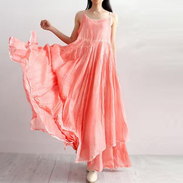 Summer New Style Artistic Double Layer Asymmetrical Hemline Wide Waist Linen Dress Strapless Long Skirt Cotton Linen Blend_ecoleips.com
