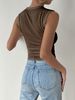 Women's Casual Pleated Design Top Summer Fashion Street Style Solid Color Slim Half High Neck Sleeveless T-Shirt Top_ecoleips.com