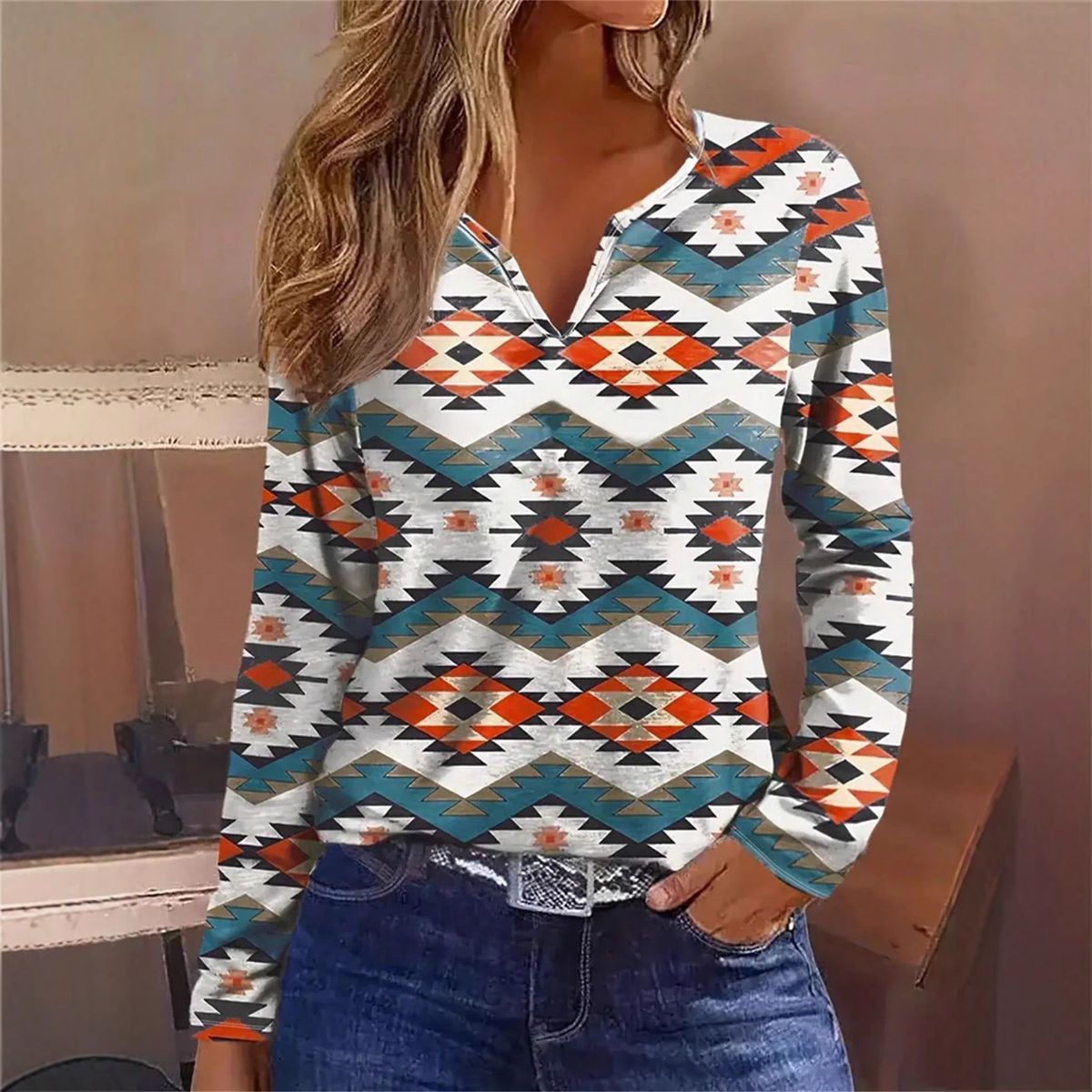 Standard Autumn Full-Width Geometric Pattern Printed Casual Versatile T-Shirt E-Commerce One_ecoleips.com