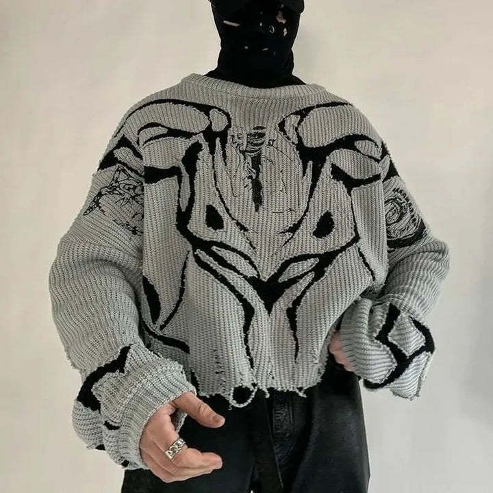 Women's Autumn Winter Y2K Textured Dark Gothic Style Loose Trendy Round Neck Sweater Jacquard_ecoleips.com