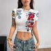 Women's Clothing Sporty Round Neck Cropped Shirt Short Sleeved Letter Badge Rabbit Print Top Street Style_ecoleips.com
