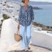 2026 New European And American Cross-Border Vacation Style Three-Quarter Sleeve V-Neck Pattern Print Women's_ecoleips.com