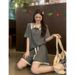 European Style Slimming Sports Two Piece Set for Curvy Women Casual Age Reducing Red Short Sleeved Shorts plus Size Summer_ecoleips.com