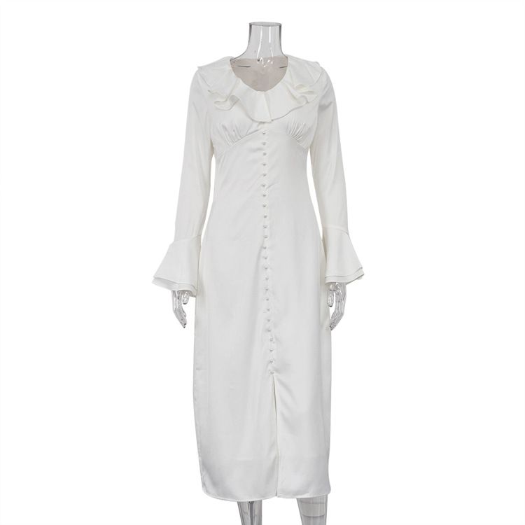 Women's Elegant Slim Fit Dress European American Style V Neck Bell Sleeves Ruffles Single Breasted Buttons Spring 2026 French Style_ecoleips.com